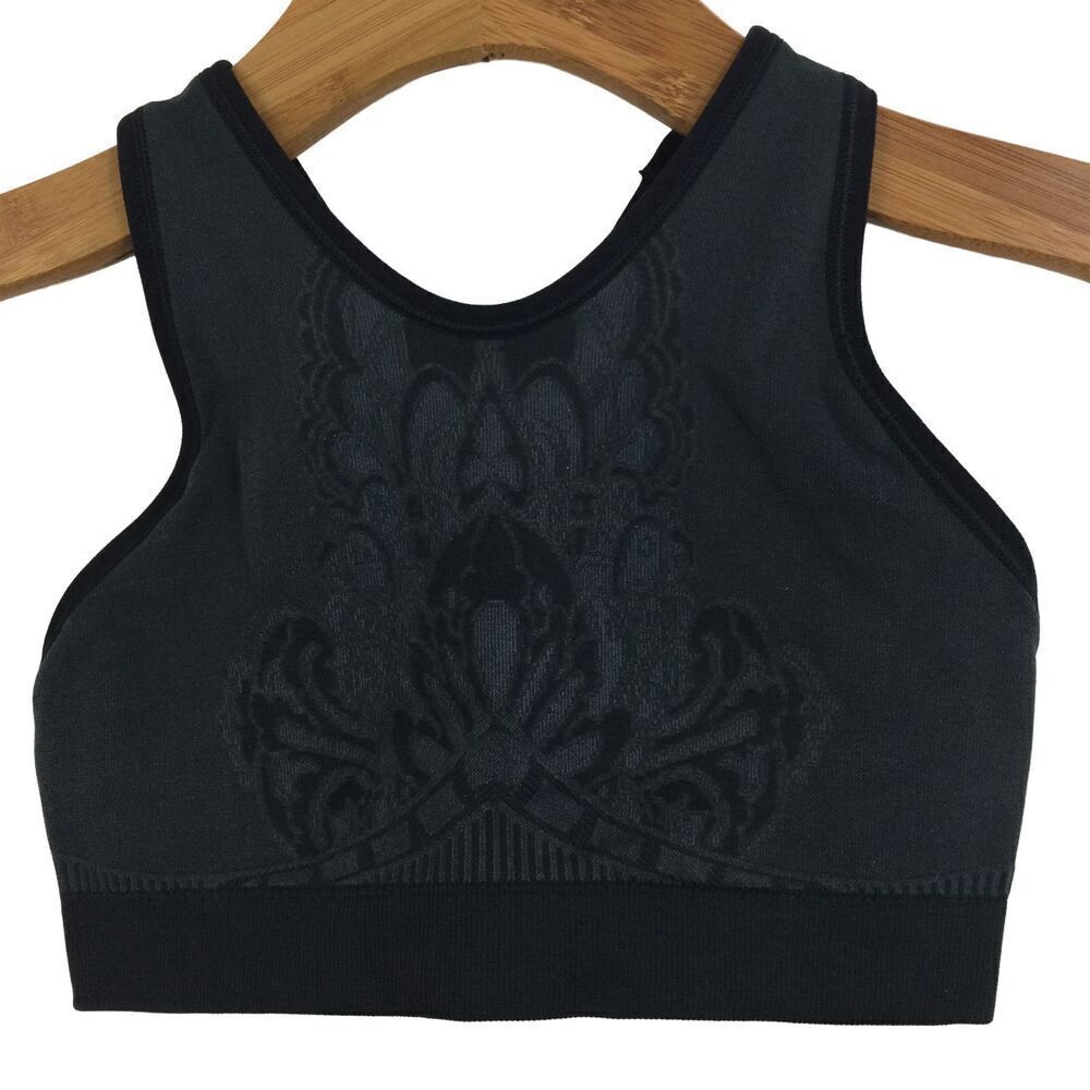 NUX Womens Elizabeth Floral Seamless Racerback Sports Bra Gray Black Size Small